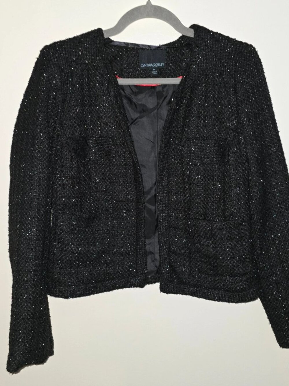 Cynthia Rowley black collarless tweed-style cropped jacket